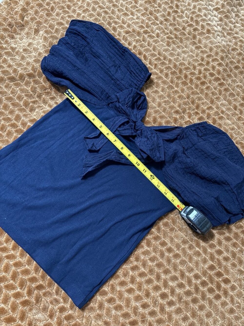 NWT New Loft Navy Crinkle Seersucker Puff-Sleeve Top Bow Back Cotton Stretch L - Picture 11 of 13